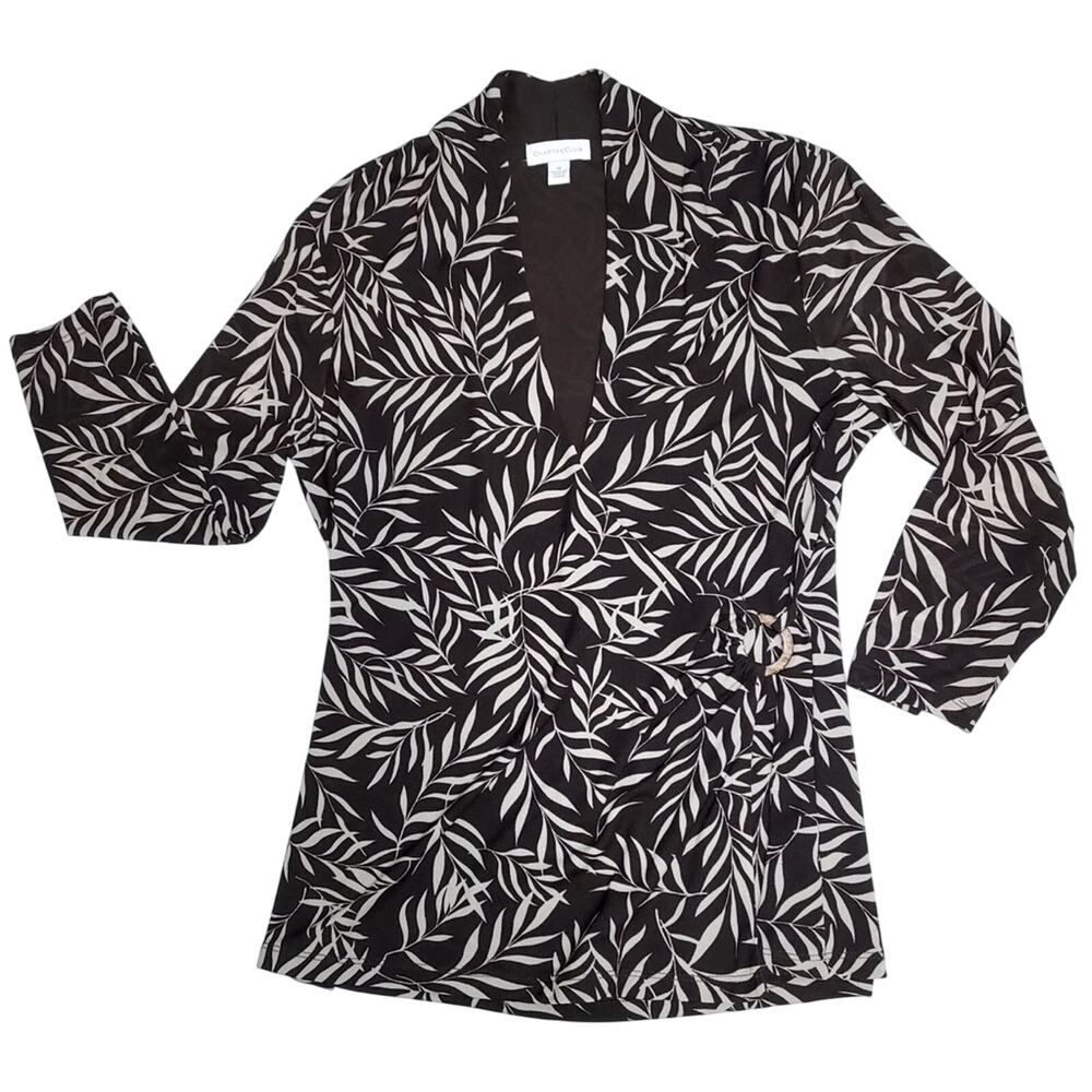 Charter Club Nylon Black White Tropical Crossover V-Neck Blouse Shirt Top Medium